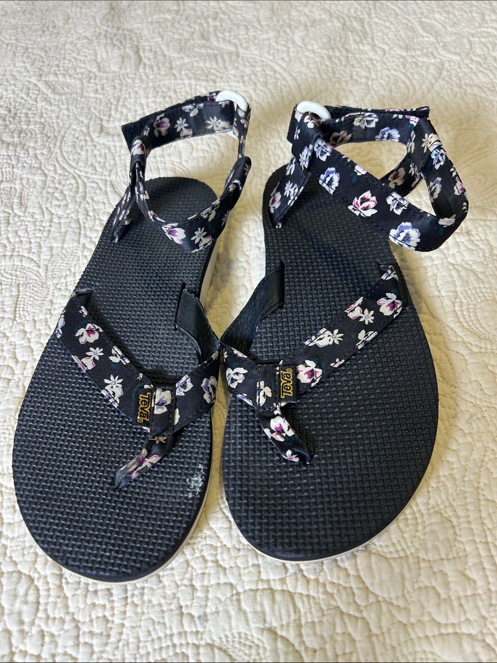 Teva Black Floral Ankle-Strap Sandals with Pink & White Accents